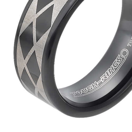 טבעת טונגסטן לגבר עם ציפוי שחור מוברק, בעיטורי לייזר מעוינים שחורים בעובי 8 מ